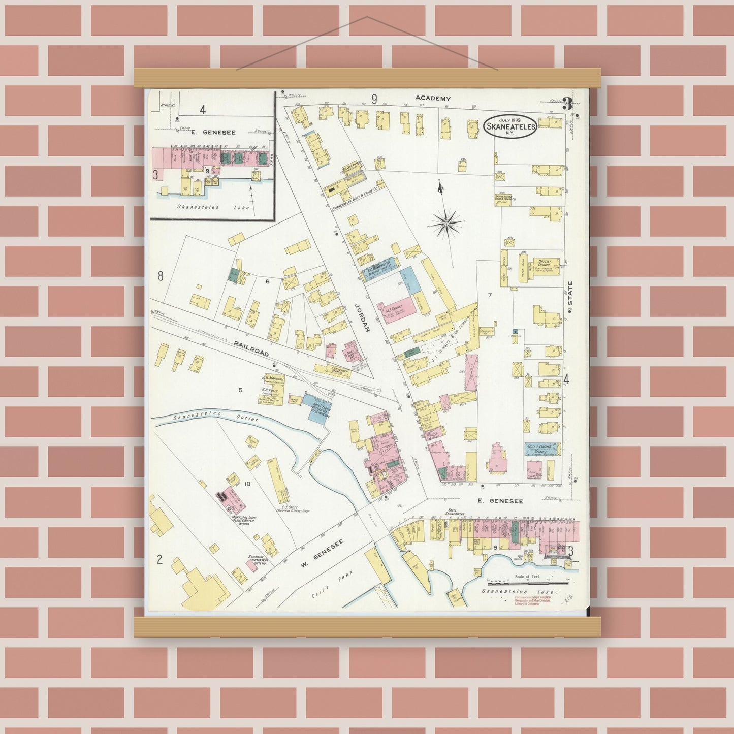 Old map wall art mockup — magnetic wood frame on brick wall — Sanborn Fire Insurance Map from Skaneateles, Onondaga County, New York (1909), Sheet #0003