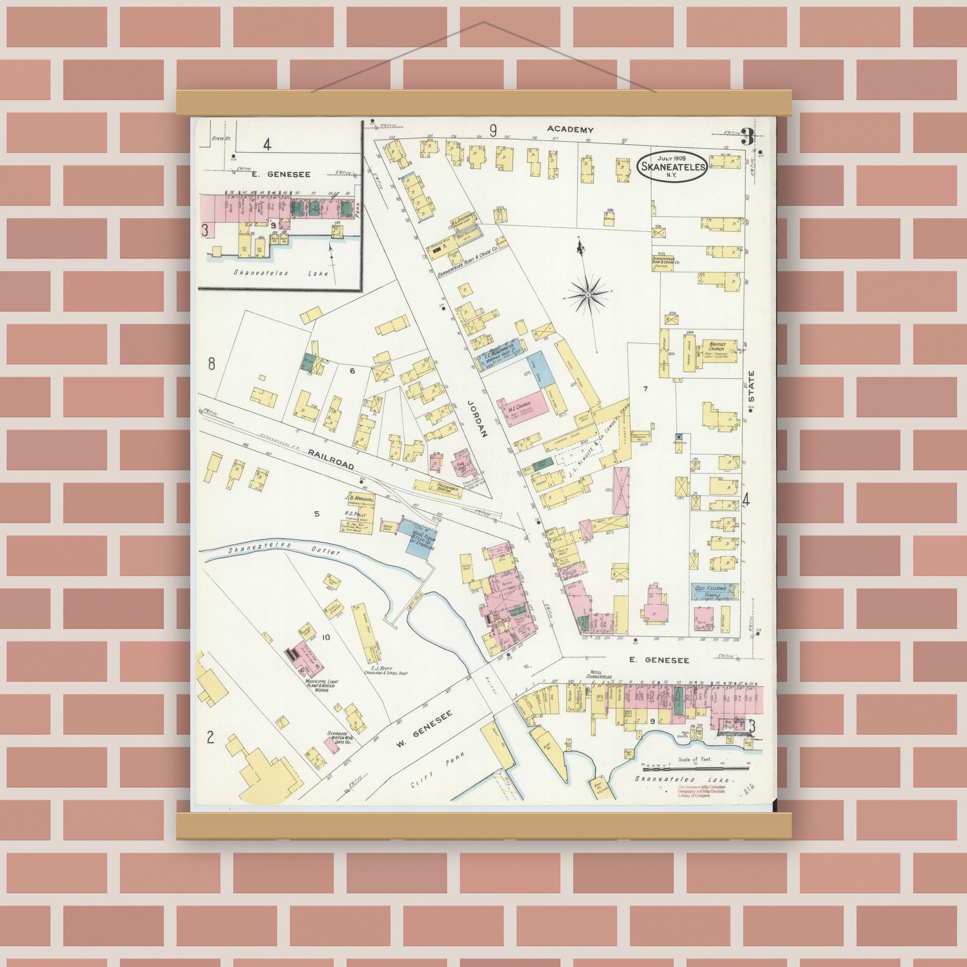 Old map wall art mockup — magnetic wood frame on brick wall — Sanborn Fire Insurance Map from Skaneateles, Onondaga County, New York (1909), Sheet #0003