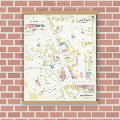 Old map wall art mockup — magnetic wood frame on brick wall — Sanborn Fire Insurance Map from Skaneateles, Onondaga County, New York (1909), Sheet #0003