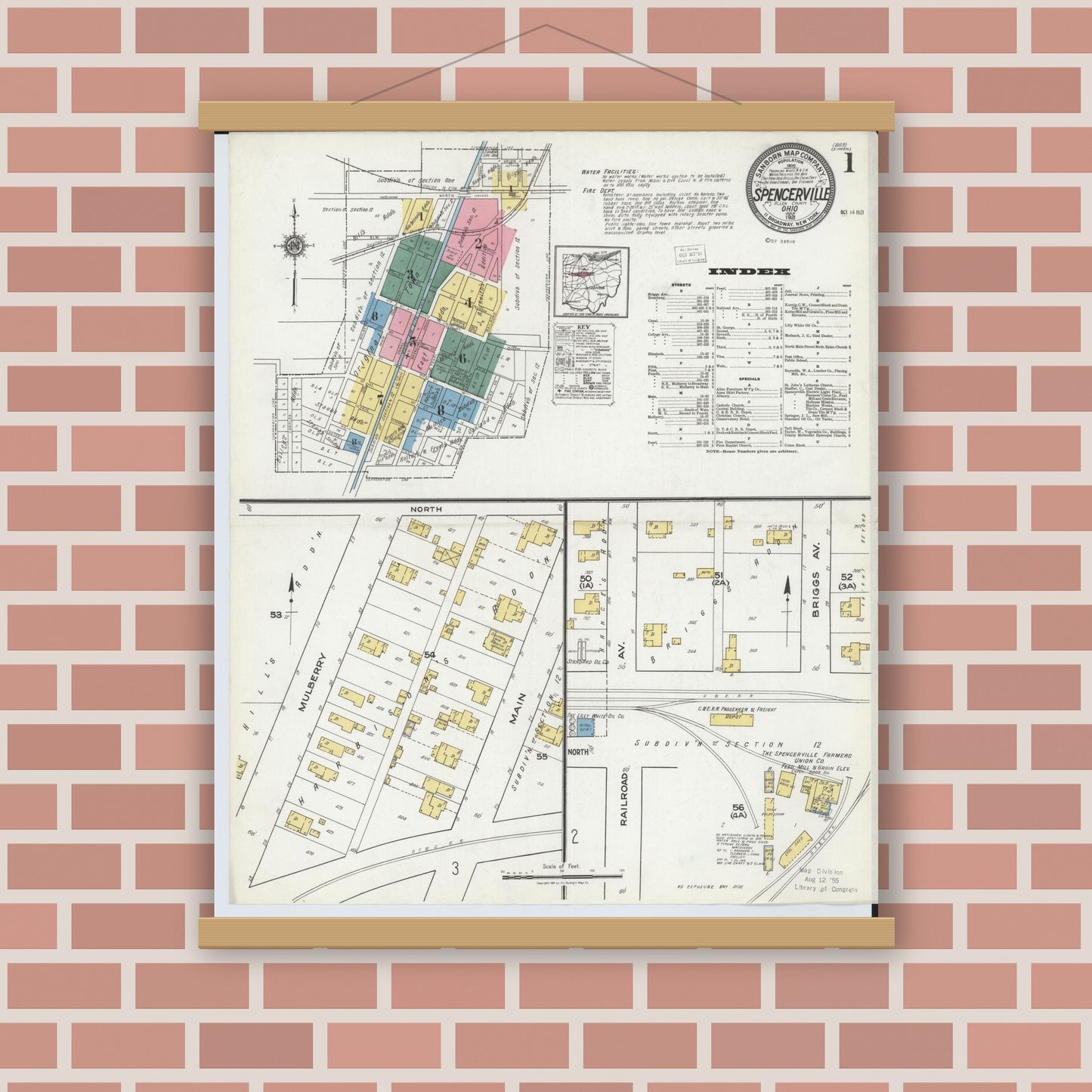 Old map wall art mockup — magnetic wood frame on brick wall — Sanborn Fire Insurance Map from Spencerville, Allen County, Ohio (1921) - Complete Map Set
