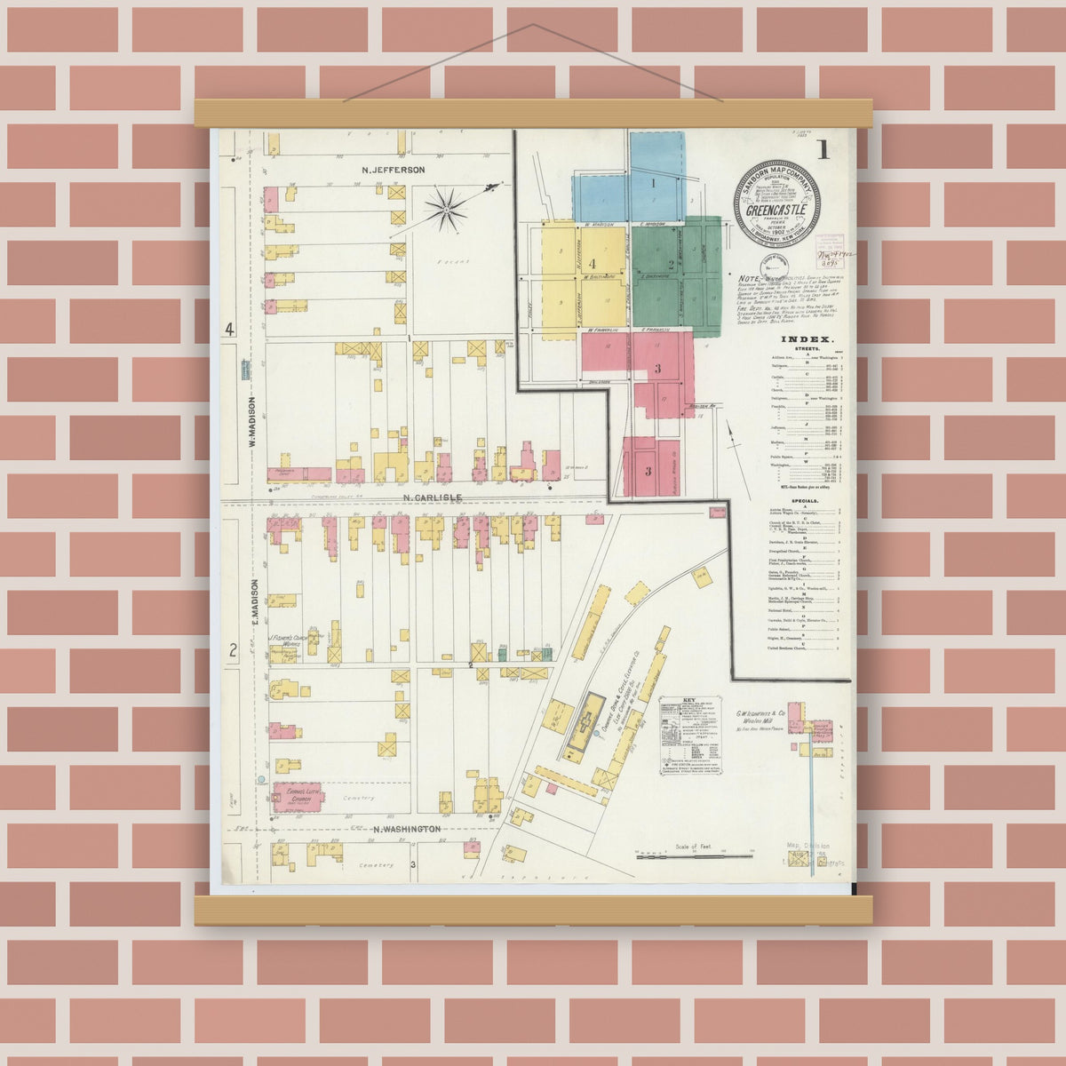 Old map wall art mockup — magnetic wood frame on brick wall — Sanborn Fire Insurance Map from Greencastle, Franklin County, Pennsylvania (1902), Sheet #0001