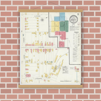 Old map wall art mockup — magnetic wood frame on brick wall — Sanborn Fire Insurance Map from Greencastle, Franklin County, Pennsylvania (1902), Sheet #0001