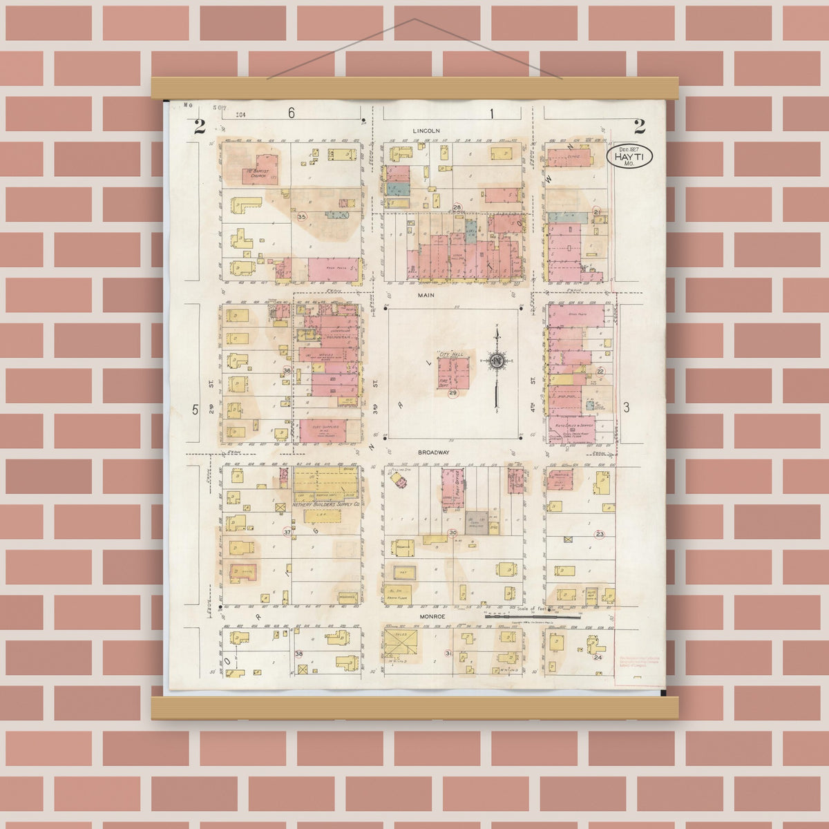 Old map wall art mockup — magnetic wood frame on brick wall — Sanborn Fire Insurance Map from Hayti, Pemiscot County, Missouri (1944), Sheet #0002