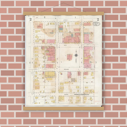 Old map wall art mockup — magnetic wood frame on brick wall — Sanborn Fire Insurance Map from Hayti, Pemiscot County, Missouri (1944), Sheet #0002