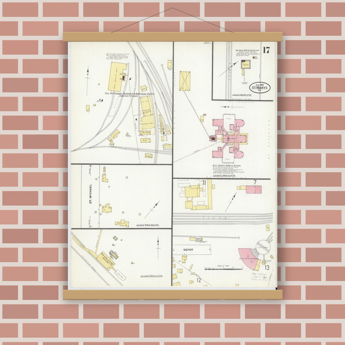 Old map wall art mockup — magnetic wood frame on brick wall — Sanborn Fire Insurance Map from Saint Marys, Elk County, Pennsylvania (1909), Sheet #0017