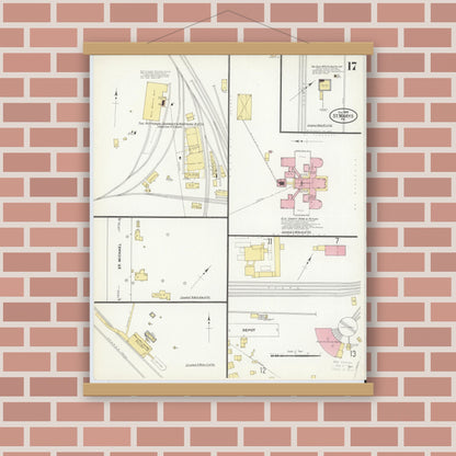Old map wall art mockup — magnetic wood frame on brick wall — Sanborn Fire Insurance Map from Saint Marys, Elk County, Pennsylvania (1909), Sheet #0017