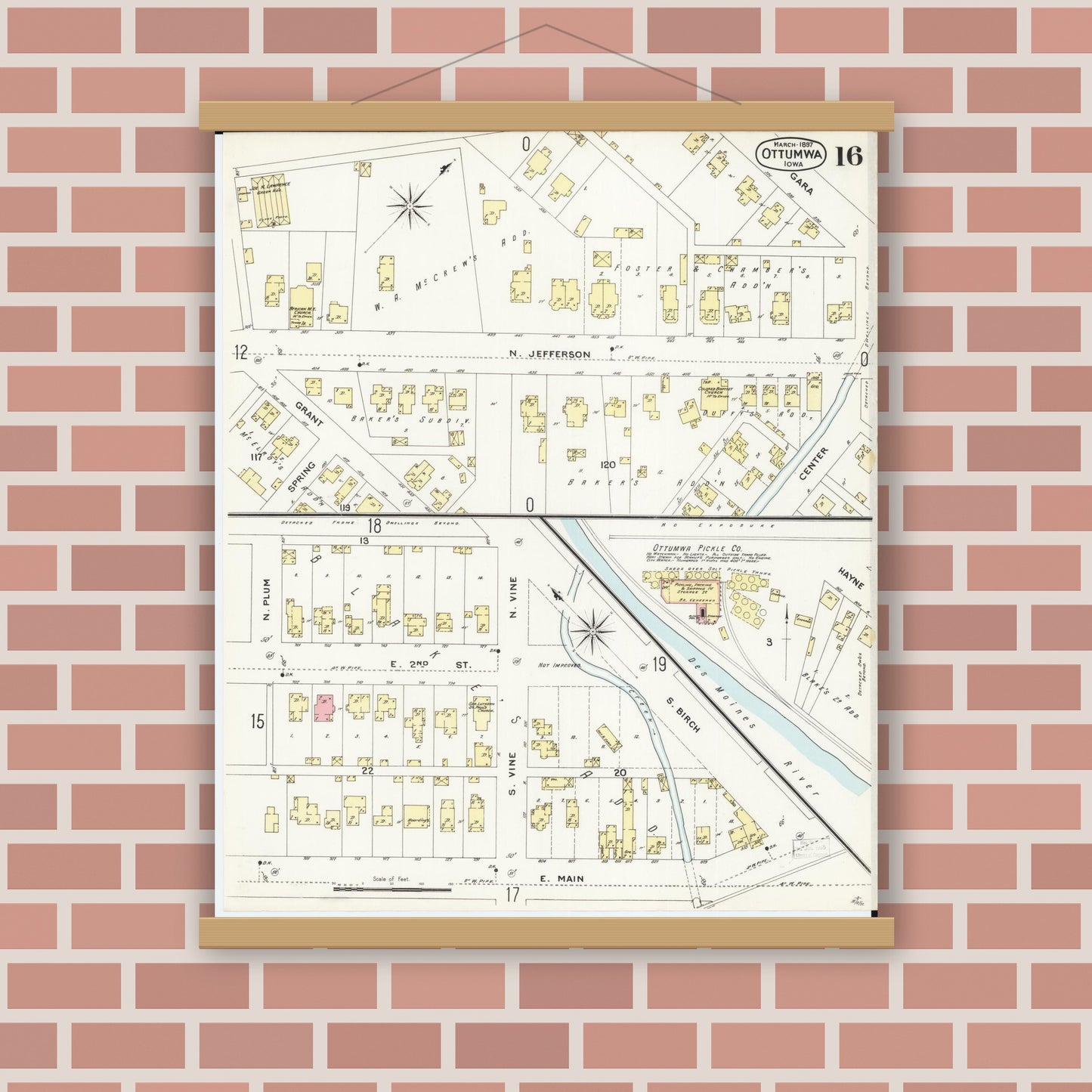 Old map wall art mockup — magnetic wood frame on brick wall — Sanborn Fire Insurance Map from Ottumwa, Wapello County, Iowa (1897), Sheet #0016