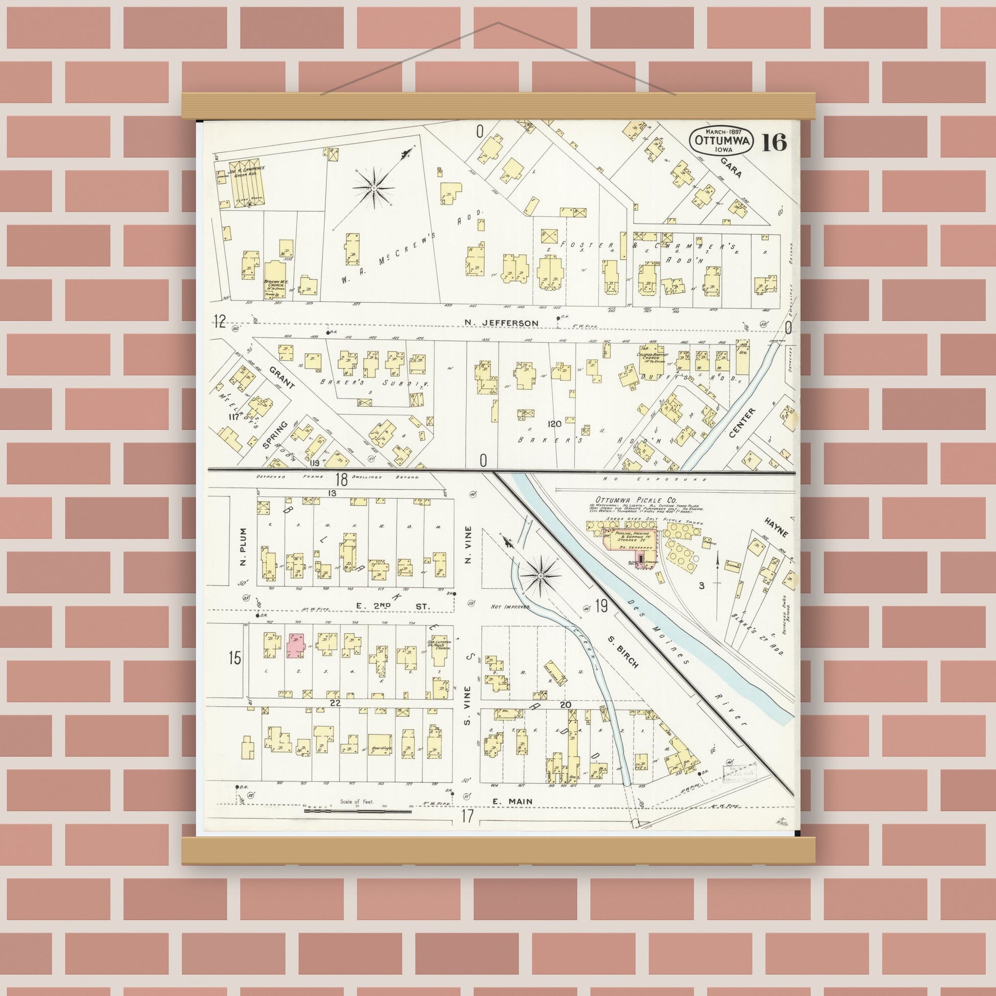 Old map wall art mockup — magnetic wood frame on brick wall — Sanborn Fire Insurance Map from Ottumwa, Wapello County, Iowa (1897), Sheet #0016