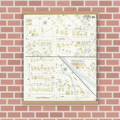 Old map wall art mockup — magnetic wood frame on brick wall — Sanborn Fire Insurance Map from Ottumwa, Wapello County, Iowa (1897), Sheet #0016