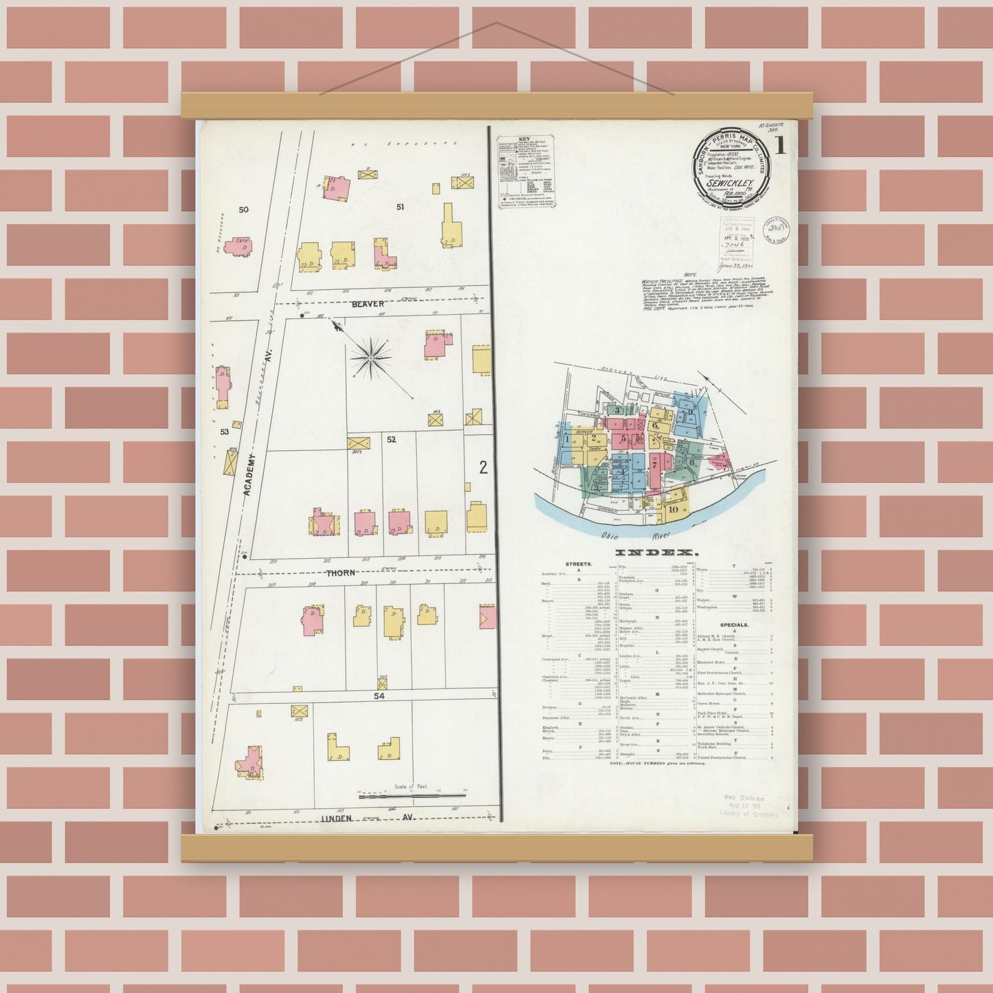 Old map wall art mockup — magnetic wood frame on brick wall — Sanborn Fire Insurance Map from Sewickley, Allegheny County, Pennsylvania (1900) - Complete Map Set