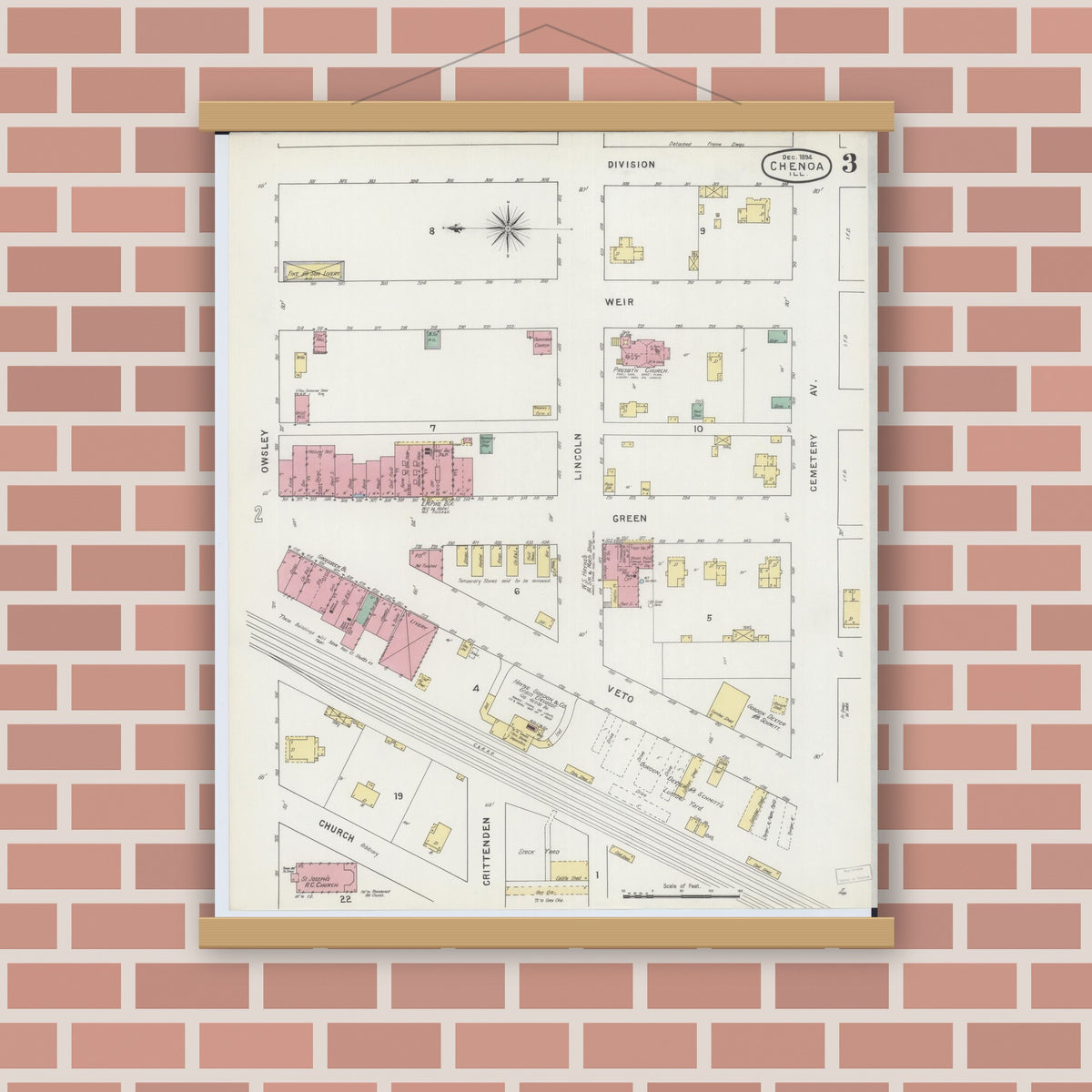 Old map wall art mockup — magnetic wood frame on brick wall — Sanborn Fire Insurance Map from Chenoa, McLean County, Illinois (1894), Sheet #0003