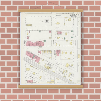 Old map wall art mockup — magnetic wood frame on brick wall — Sanborn Fire Insurance Map from Chenoa, McLean County, Illinois (1894), Sheet #0003
