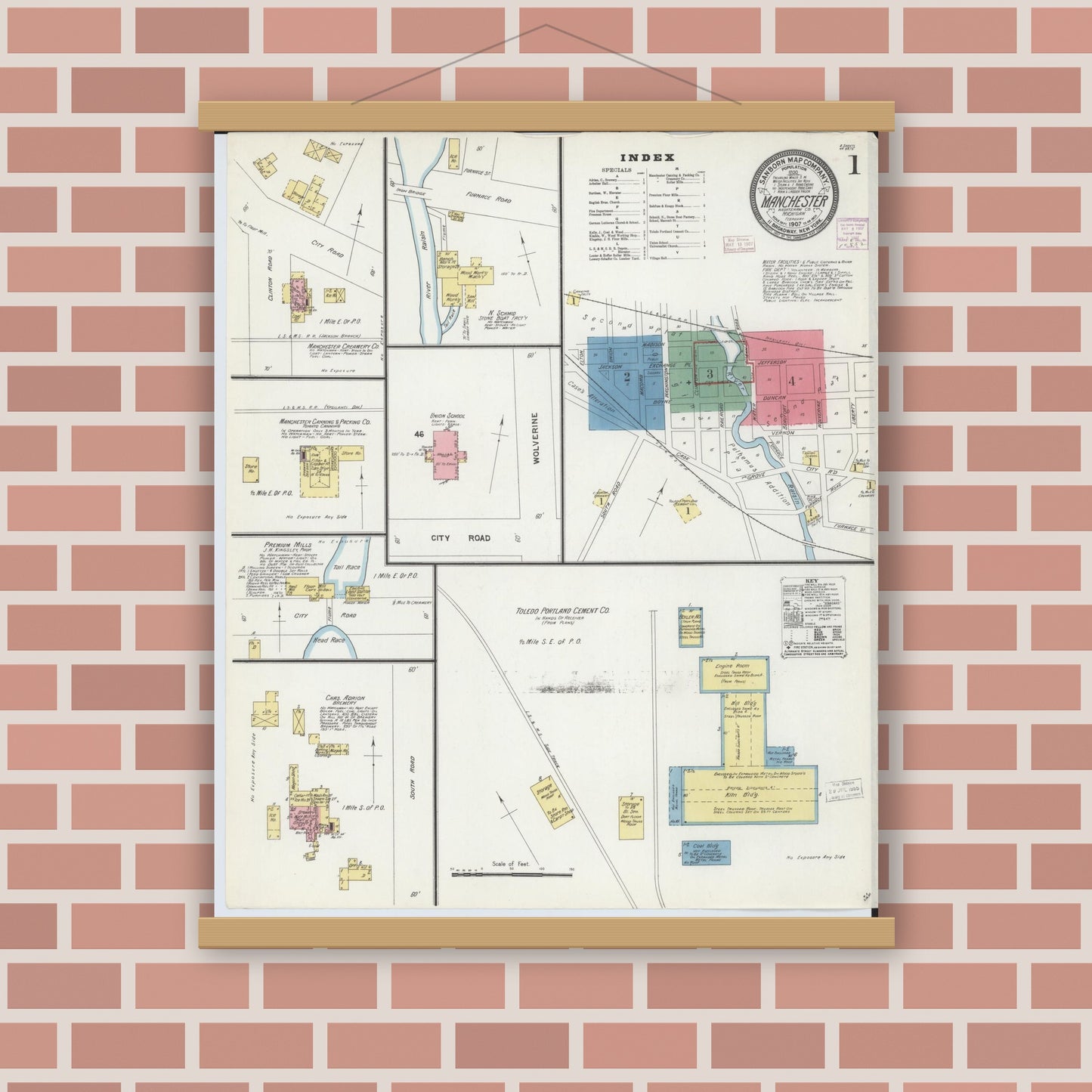 Old map wall art mockup — magnetic wood frame on brick wall — Sanborn Fire Insurance Map from Manchester, Washtenaw County, Michigan (1907) - Complete Map Set