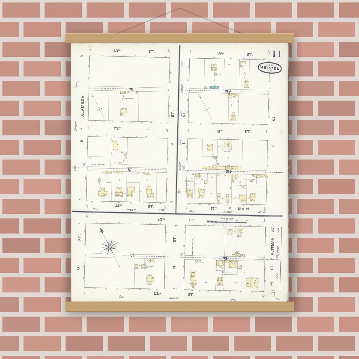 Old map wall art mockup — magnetic wood frame on brick wall — Sanborn Fire Insurance Map from Merced, Merced County, California (1891), Sheet #0011
