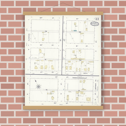 Old map wall art mockup — magnetic wood frame on brick wall — Sanborn Fire Insurance Map from Merced, Merced County, California (1891), Sheet #0011