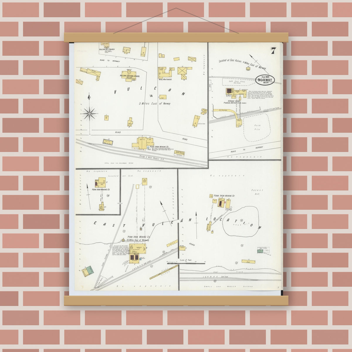 Old map wall art mockup — magnetic wood frame on brick wall — Sanborn Fire Insurance Map from Norway, Dickinson County, Michigan (1900), Sheet #0007