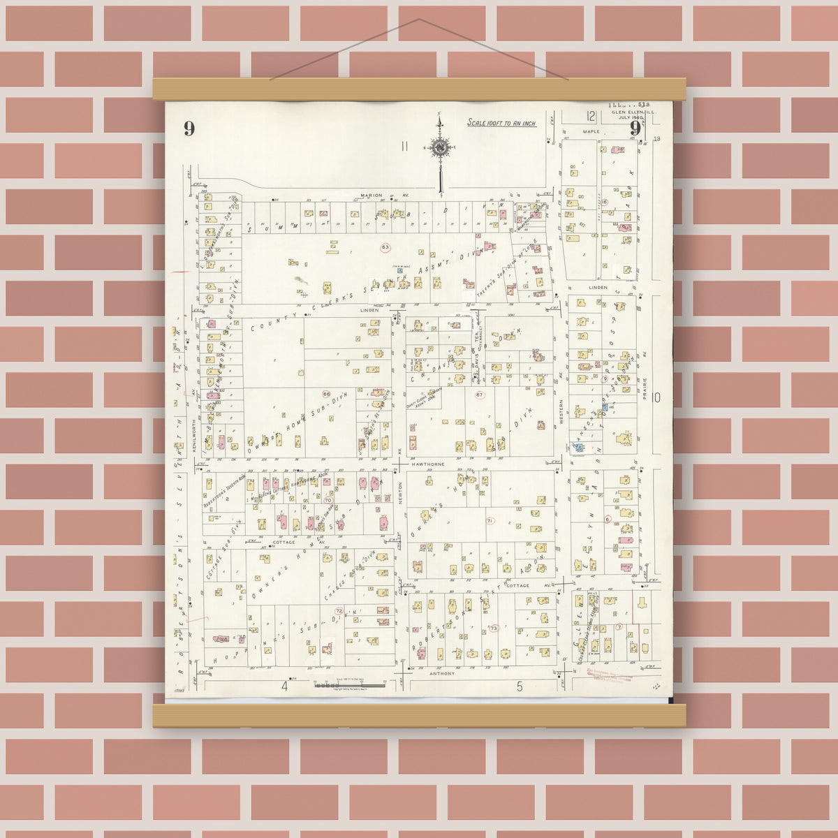 Old map wall art mockup — magnetic wood frame on brick wall — Sanborn Fire Insurance Map from Glen Ellyn, Du Page County, Illinois (1940), Sheet #0009