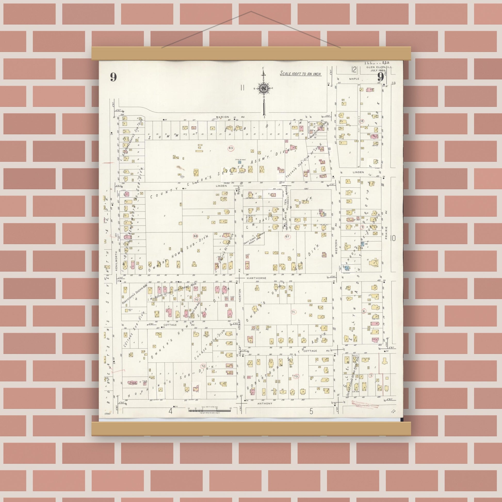 Old map wall art mockup — magnetic wood frame on brick wall — Sanborn Fire Insurance Map from Glen Ellyn, Du Page County, Illinois (1940), Sheet #0009