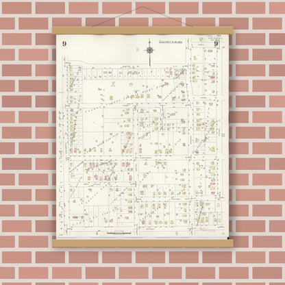 Old map wall art mockup — magnetic wood frame on brick wall — Sanborn Fire Insurance Map from Glen Ellyn, Du Page County, Illinois (1940), Sheet #0009