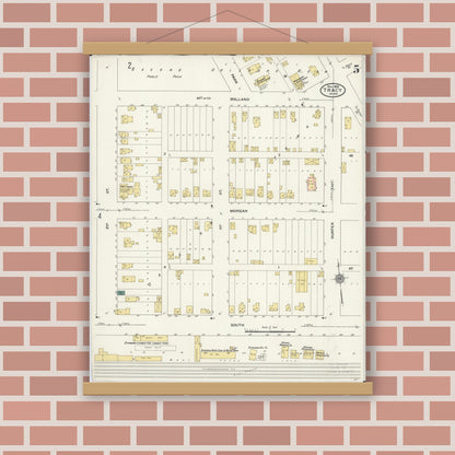 Old map wall art mockup — magnetic wood frame on brick wall — Sanborn Fire Insurance Map from Tracy, Lyon County, Minnesota (1909), Sheet #0005