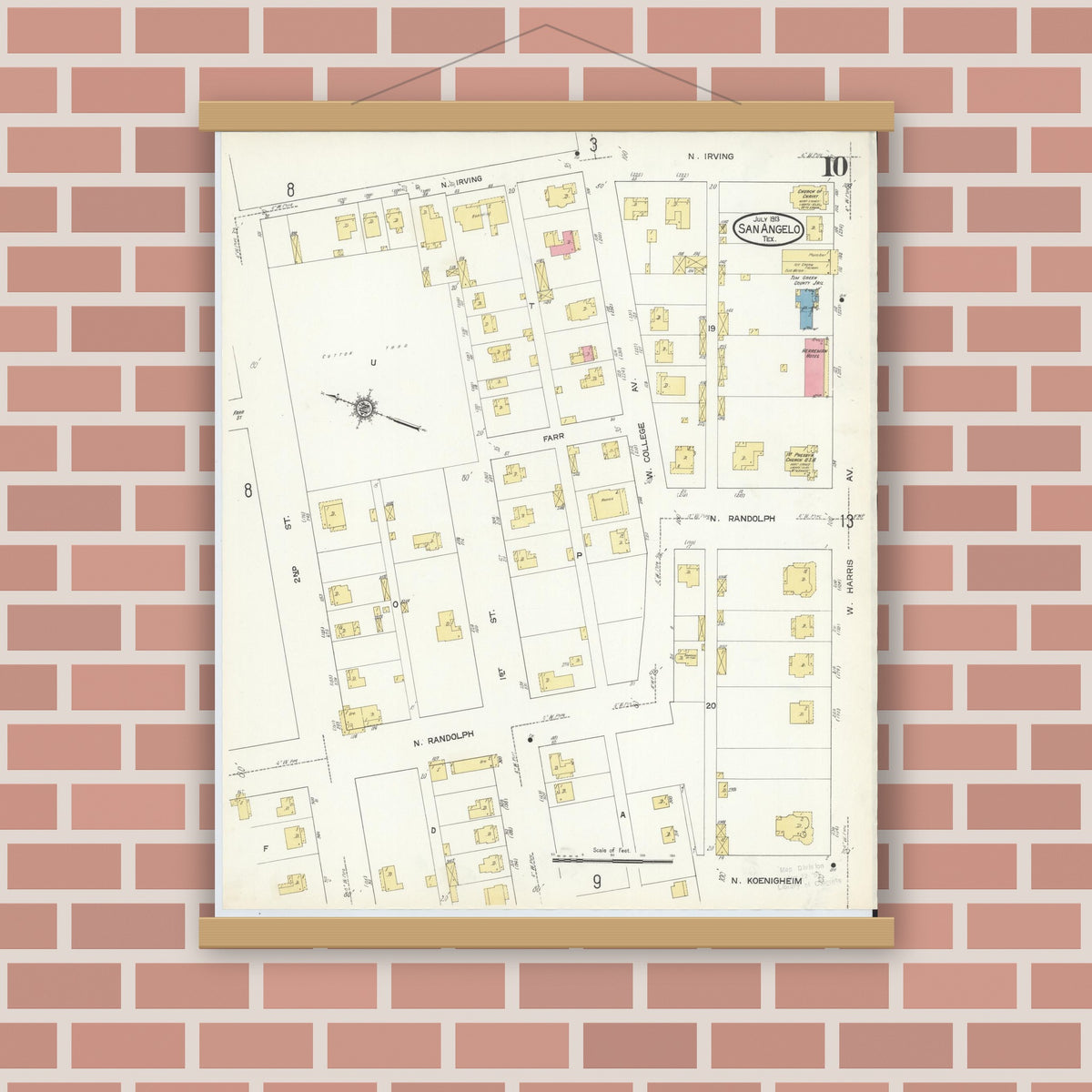 Old map wall art mockup — magnetic wood frame on brick wall — Sanborn Fire Insurance Map from San Angelo, Tom Green County, Texas (1913), Sheet #0010