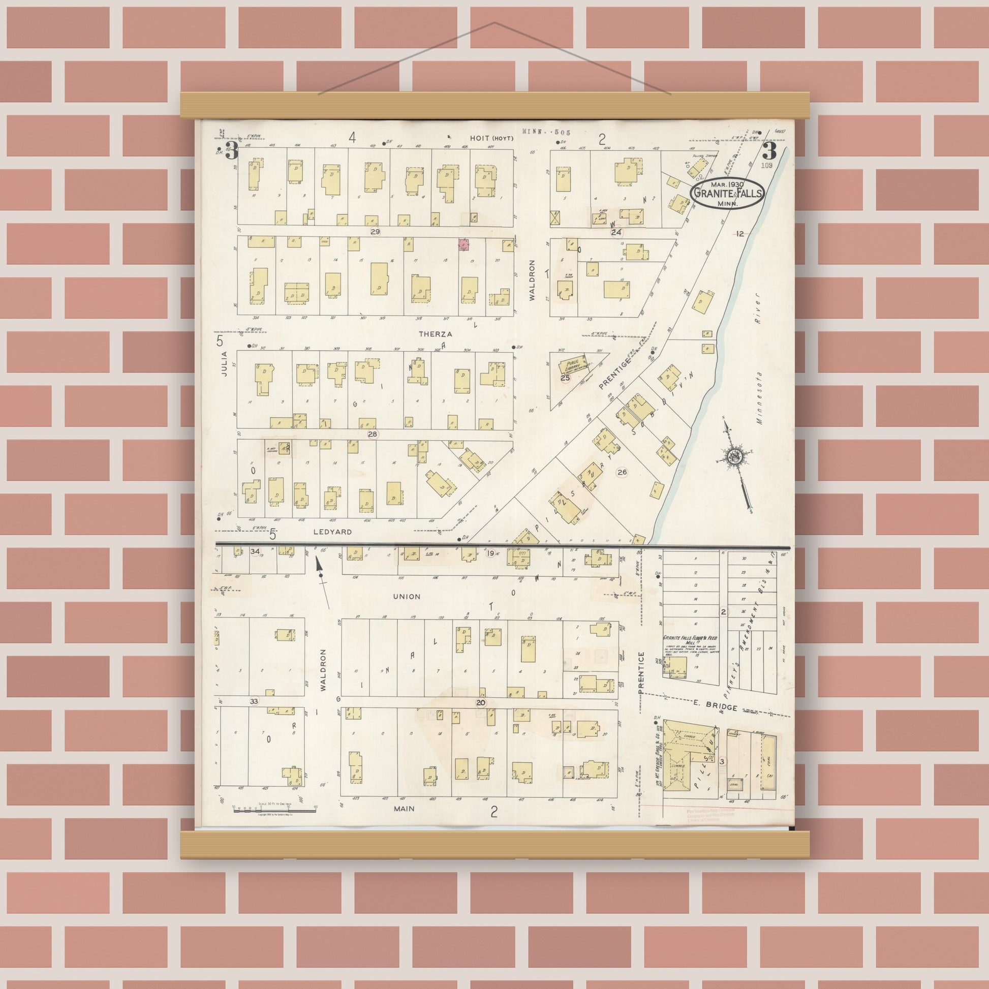 Old map wall art mockup — magnetic wood frame on brick wall — Sanborn Fire Insurance Map from Granite Falls, Yellow Medicine And Chippewa Counties, Minnesota (1941), Sheet #0003