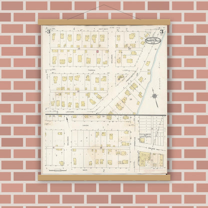 Old map wall art mockup — magnetic wood frame on brick wall — Sanborn Fire Insurance Map from Granite Falls, Yellow Medicine And Chippewa Counties, Minnesota (1941), Sheet #0003