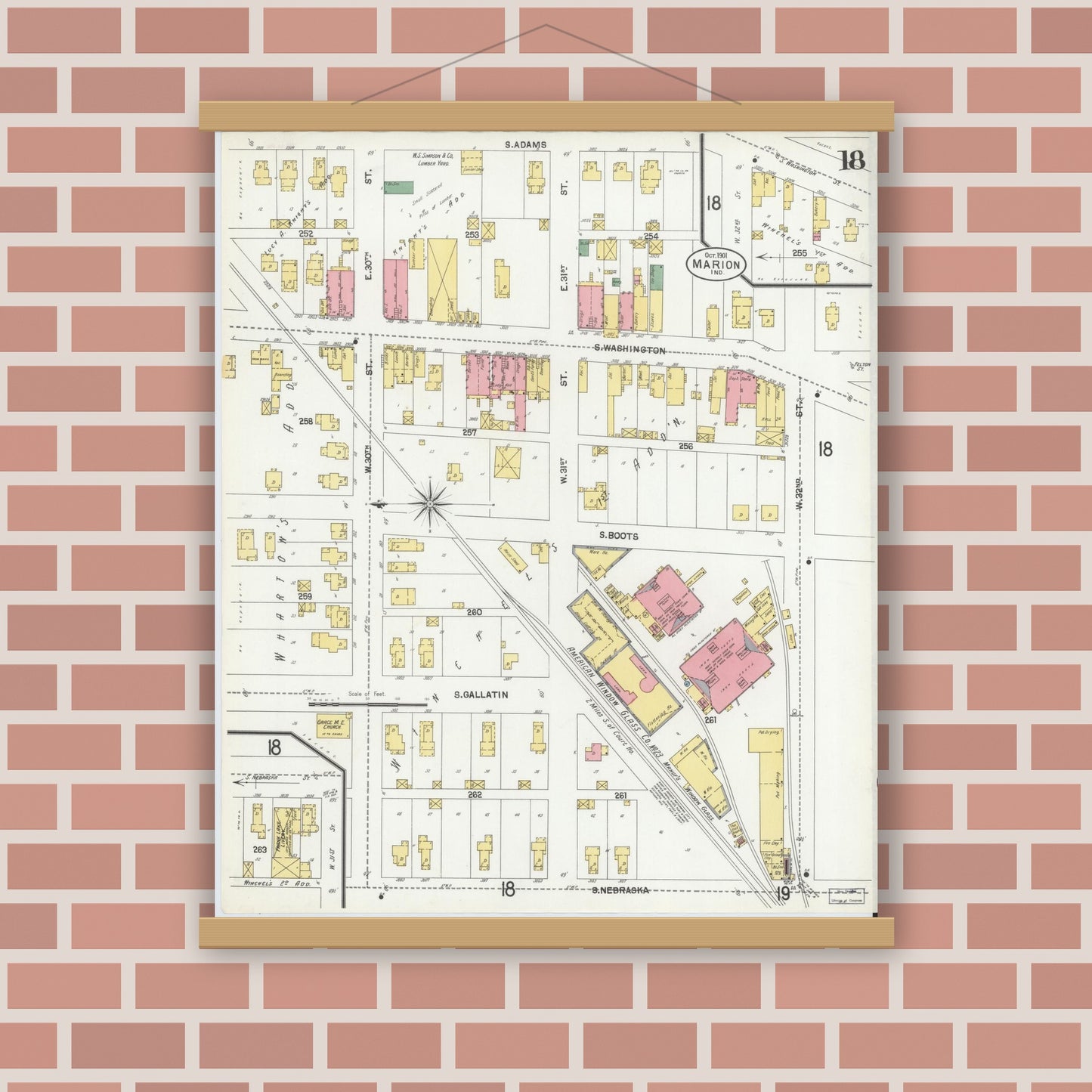Old map wall art mockup — magnetic wood frame on brick wall — Sanborn Fire Insurance Map from Marion, Grant County, Indiana (1901), Sheet #0018