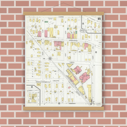Old map wall art mockup — magnetic wood frame on brick wall — Sanborn Fire Insurance Map from Marion, Grant County, Indiana (1901), Sheet #0018