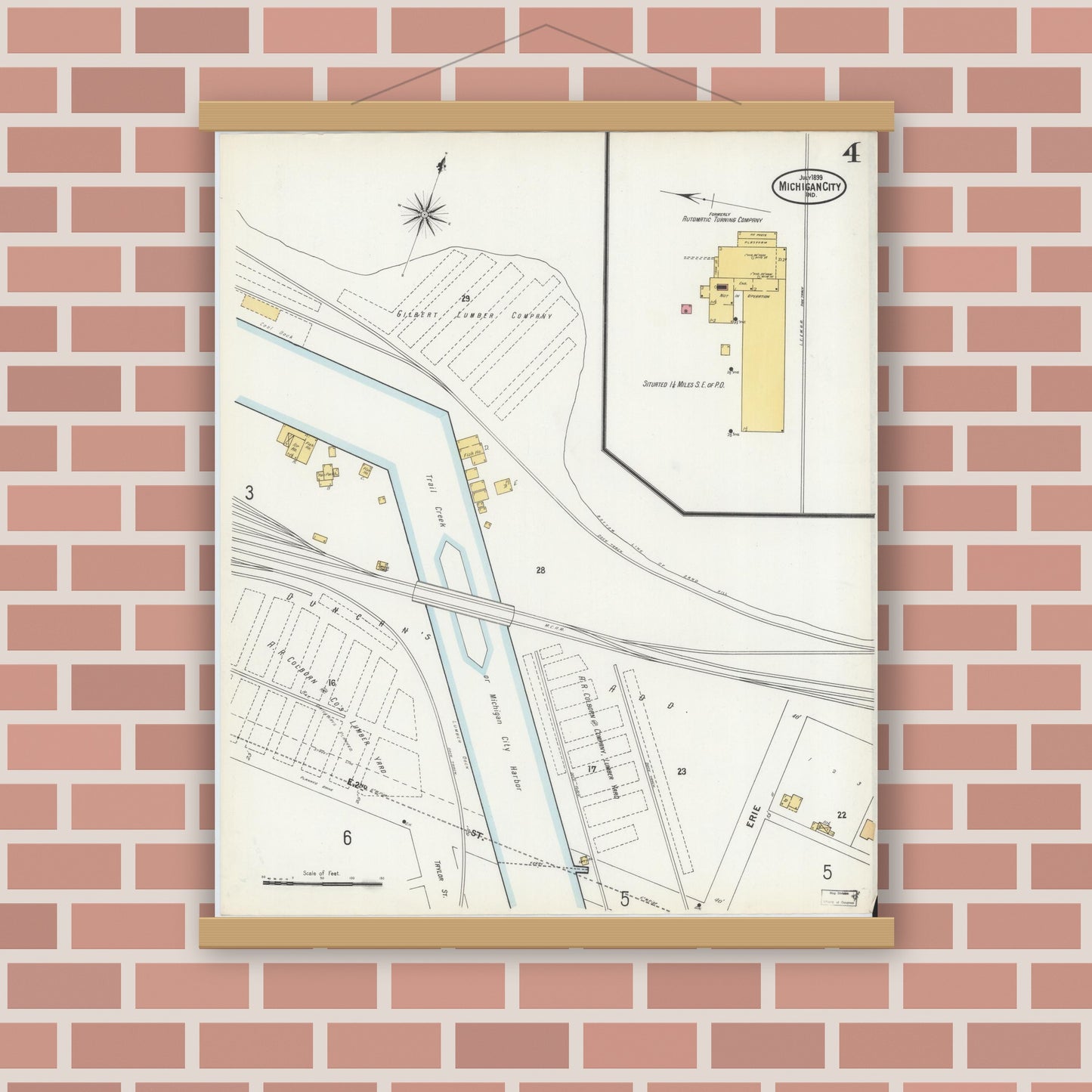 Old map wall art mockup — magnetic wood frame on brick wall — Sanborn Fire Insurance Map from Michigan City, La Porte County, Indiana (1899), Sheet #0004