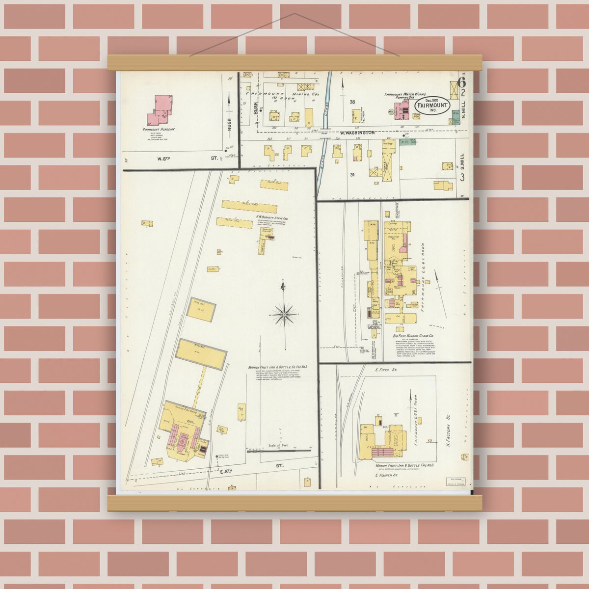 Old map wall art mockup — magnetic wood frame on brick wall — Sanborn Fire Insurance Map from Fairmount, Grant County, Indiana (1902), Sheet #0006