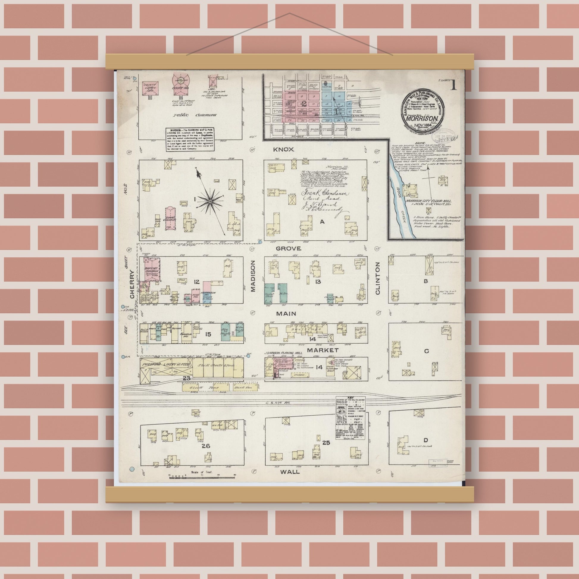 Old map wall art mockup — magnetic wood frame on brick wall — Sanborn Fire Insurance Map from Morrison, Whiteside County, Illinois (1884) - Complete Map Set