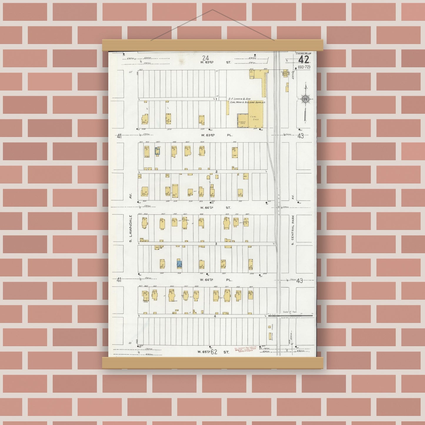 Old map wall art mockup — magnetic wood frame on brick wall — Sanborn Fire Insurance Map from Chicago, Cook County, Illinois (1920), Sheet #0042