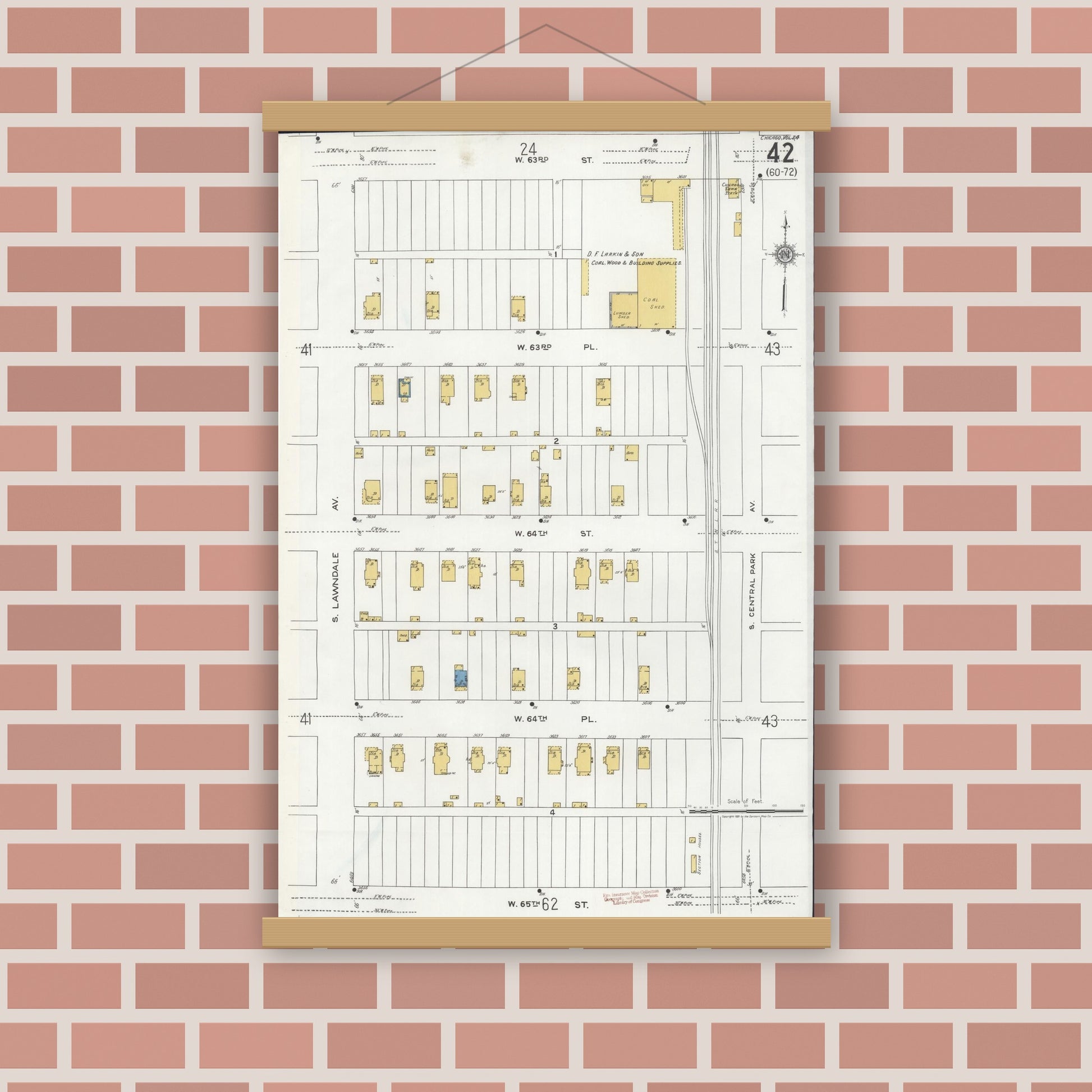 Old map wall art mockup — magnetic wood frame on brick wall — Sanborn Fire Insurance Map from Chicago, Cook County, Illinois (1920), Sheet #0042