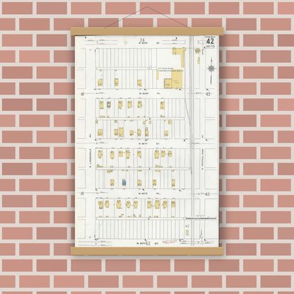 Old map wall art mockup — magnetic wood frame on brick wall — Sanborn Fire Insurance Map from Chicago, Cook County, Illinois (1920), Sheet #0042