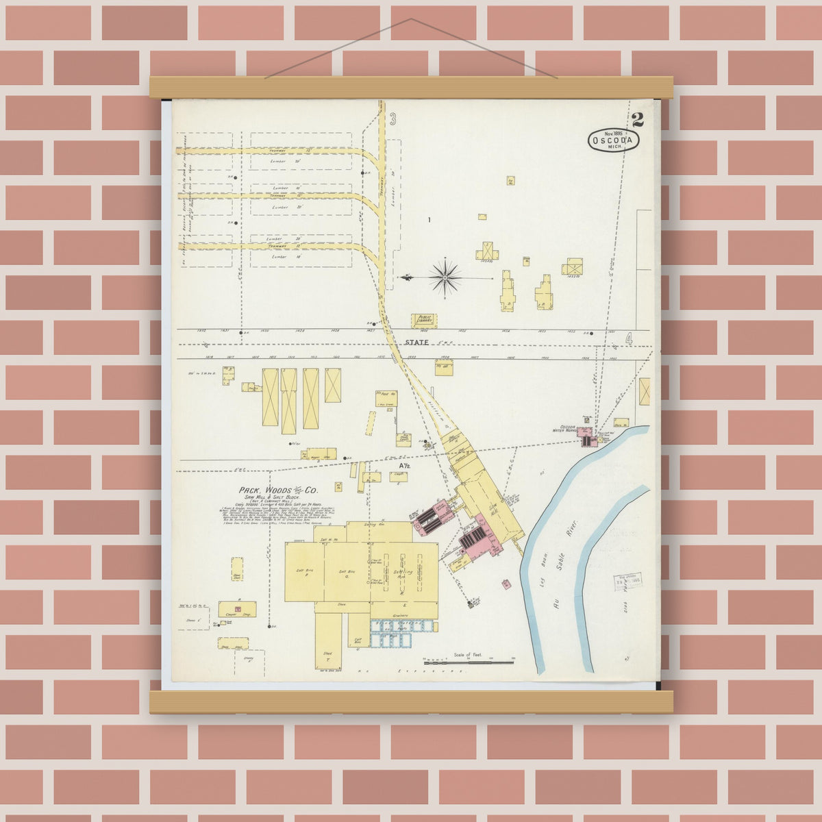 Old map wall art mockup — magnetic wood frame on brick wall — Sanborn Fire Insurance Map from Oscoda, Iosco County, Michigan (1895), Sheet #0002