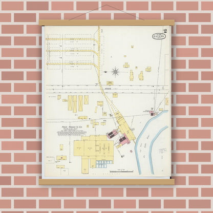 Old map wall art mockup — magnetic wood frame on brick wall — Sanborn Fire Insurance Map from Oscoda, Iosco County, Michigan (1895), Sheet #0002