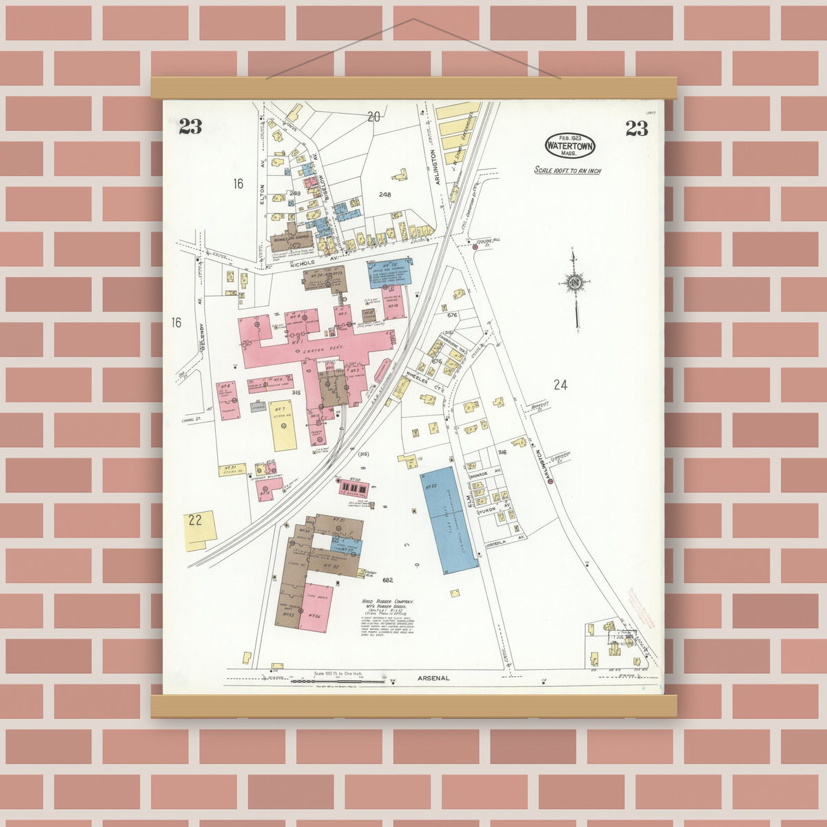 Old map wall art mockup — magnetic wood frame on brick wall — Sanborn Fire Insurance Map from Watertown, Middlesex County, Massachusetts (1923), Sheet #0023