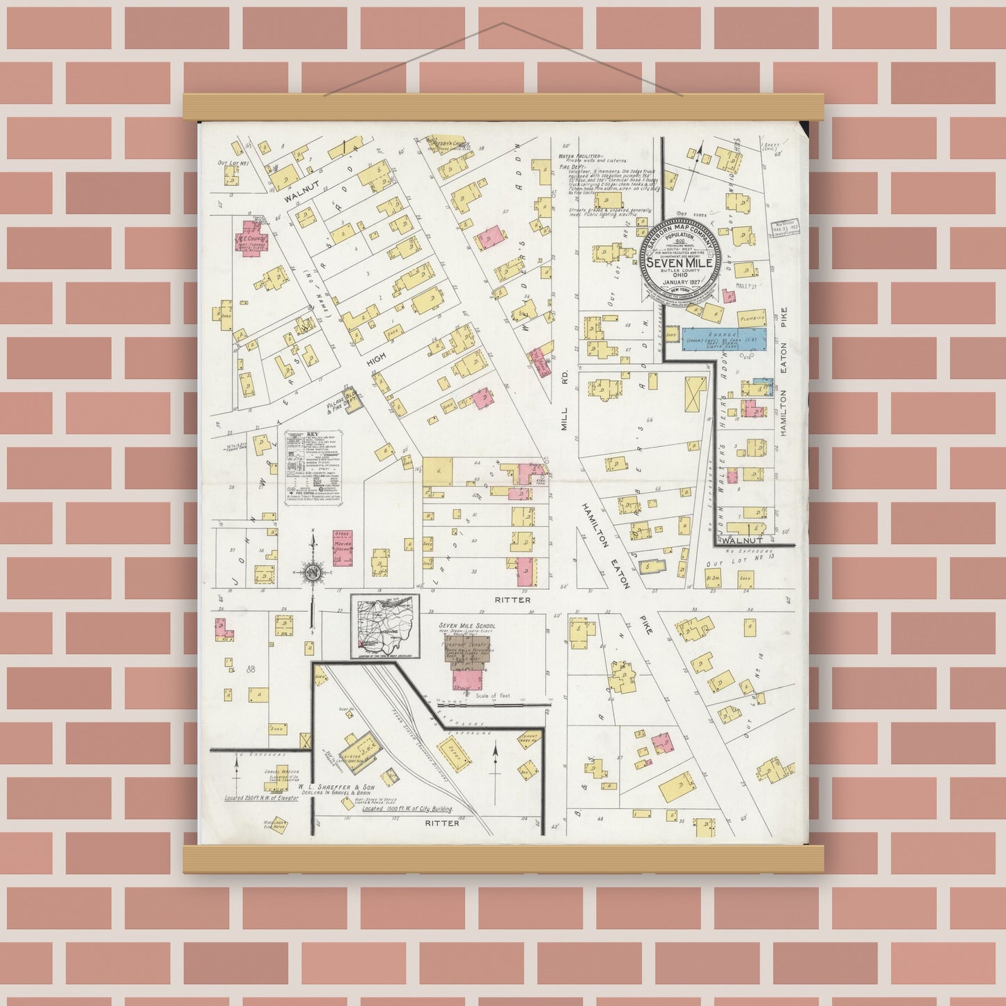 Old map wall art mockup — magnetic wood frame on brick wall — Sanborn Fire Insurance Map from Seven Mile, Butler County, Ohio (1927), Sheet #0001