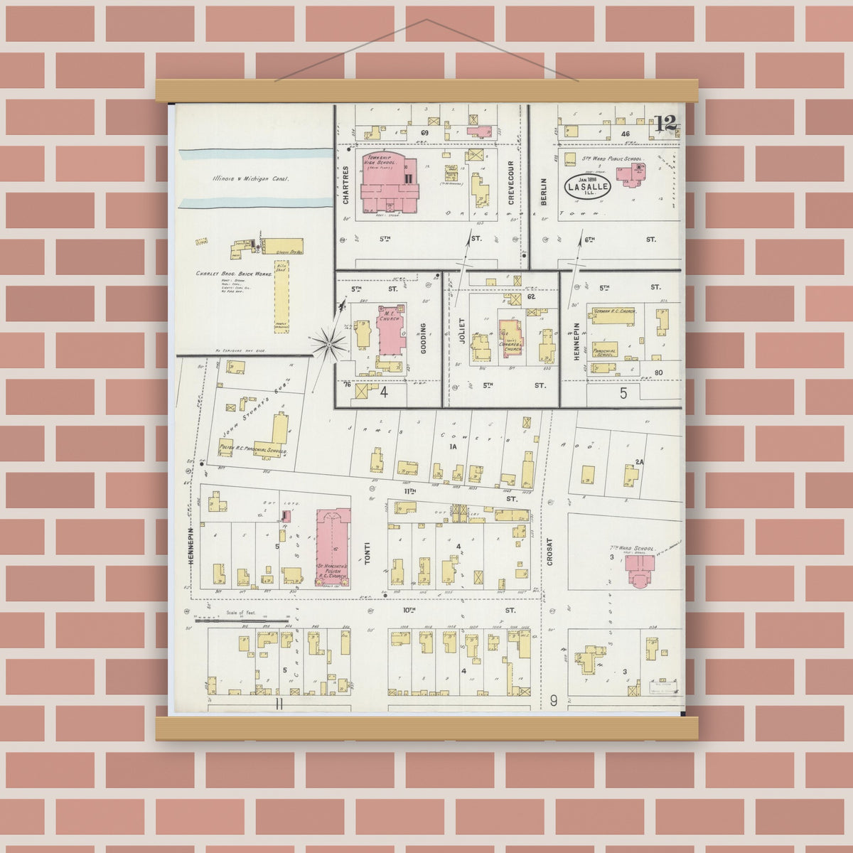 Old map wall art mockup — magnetic wood frame on brick wall — Sanborn Fire Insurance Map from La Salle, La Salle County, Illinois (1898), Sheet #0012