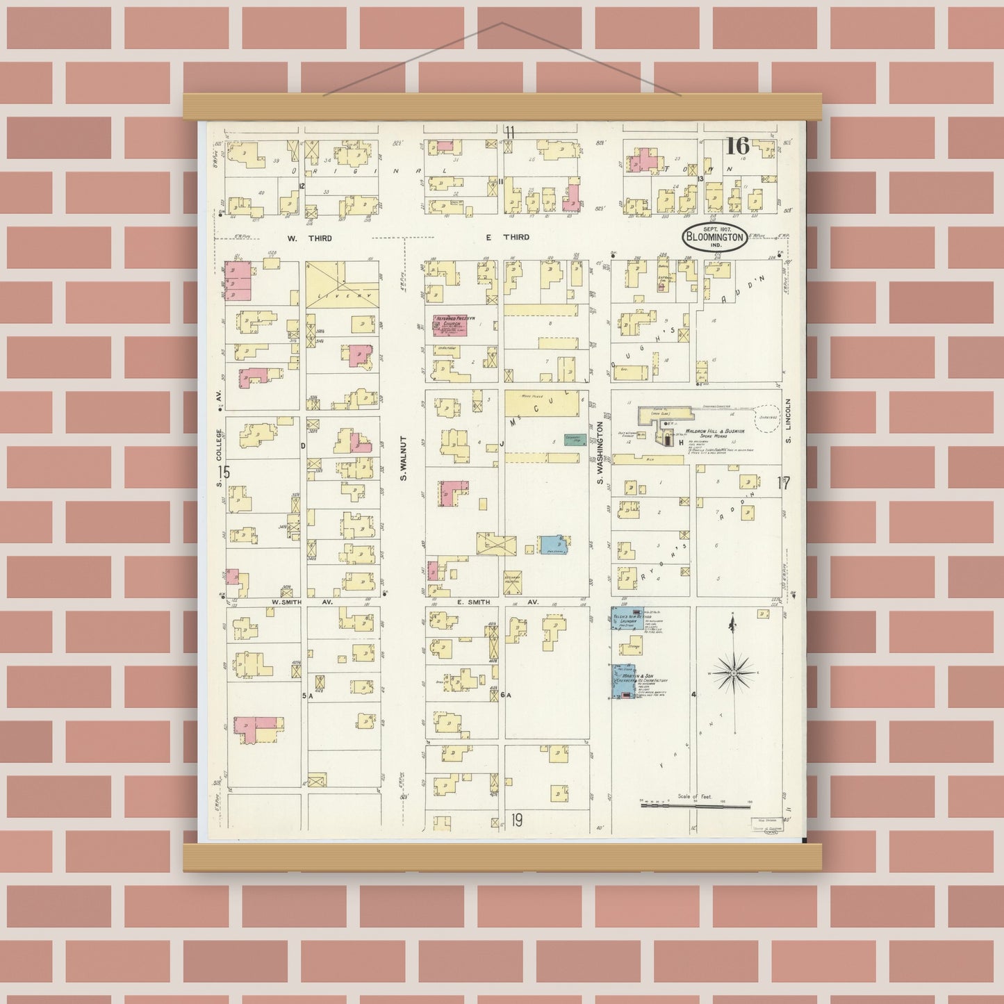 Old map wall art mockup — magnetic wood frame on brick wall — Sanborn Fire Insurance Map from Bloomington, Monroe County, Indiana (1907), Sheet #0016