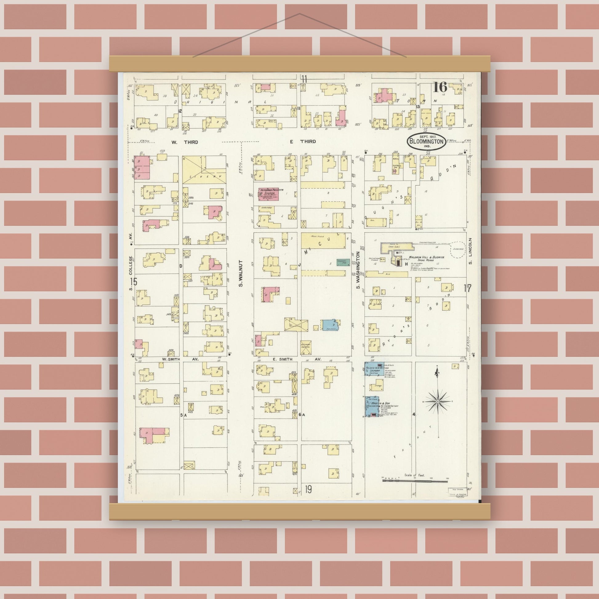 Old map wall art mockup — magnetic wood frame on brick wall — Sanborn Fire Insurance Map from Bloomington, Monroe County, Indiana (1907), Sheet #0016