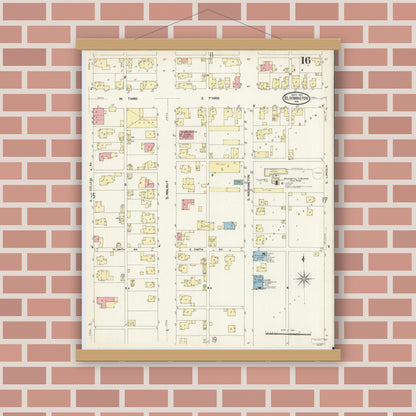 Old map wall art mockup — magnetic wood frame on brick wall — Sanborn Fire Insurance Map from Bloomington, Monroe County, Indiana (1907), Sheet #0016