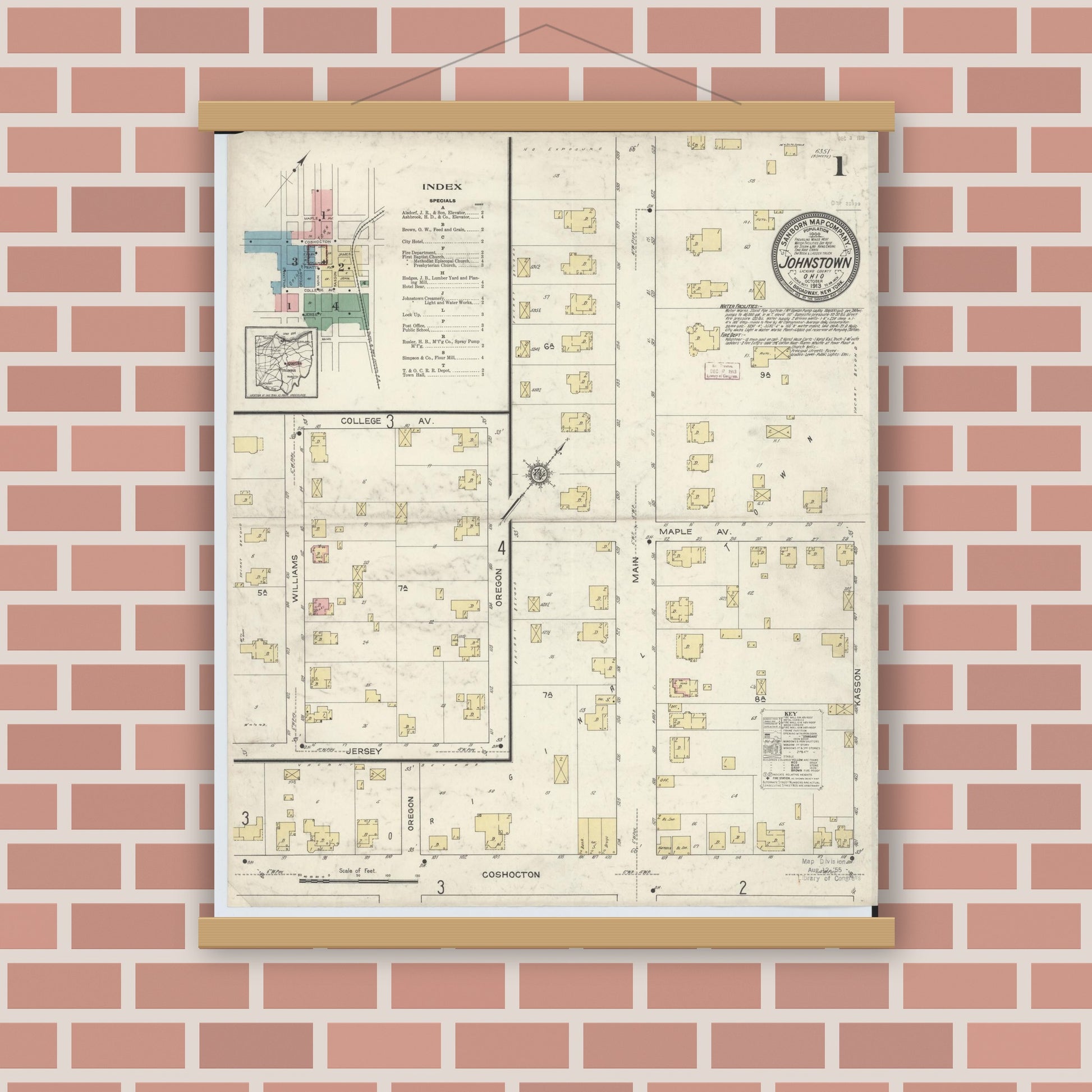 Old map wall art mockup — magnetic wood frame on brick wall — Sanborn Fire Insurance Map from Johnstown, Licking County, Ohio (1913) - Complete Map Set