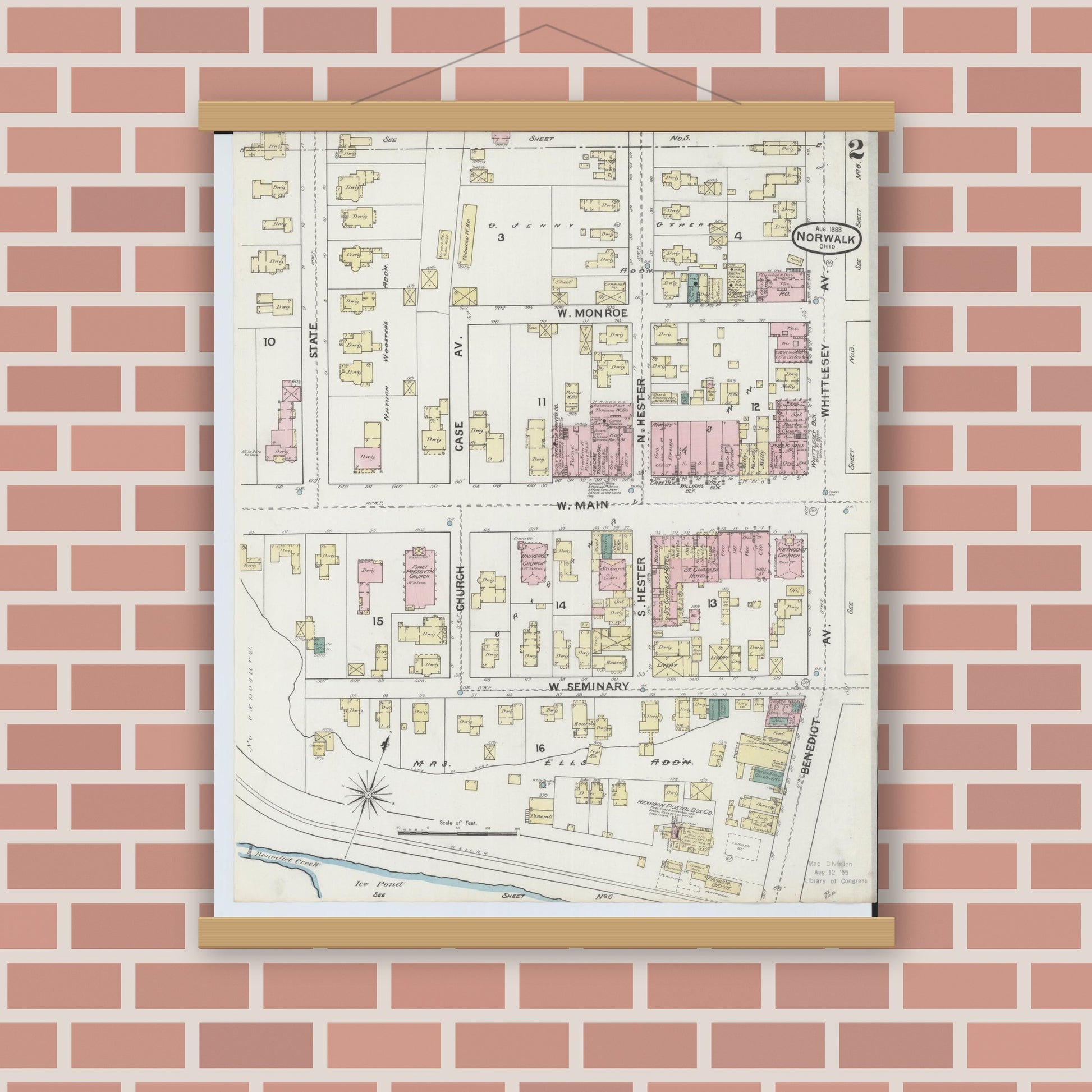 Old map wall art mockup — magnetic wood frame on brick wall — Sanborn Fire Insurance Map from Norwalk, Huron County, Ohio (1888), Sheet #0002
