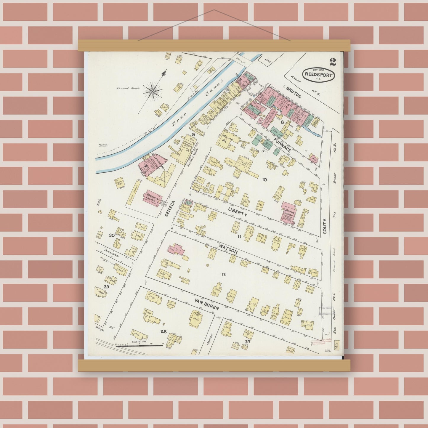 Old map wall art mockup — magnetic wood frame on brick wall — Sanborn Fire Insurance Map from Weedsport, Cayuga County, New York (1890), Sheet #0002
