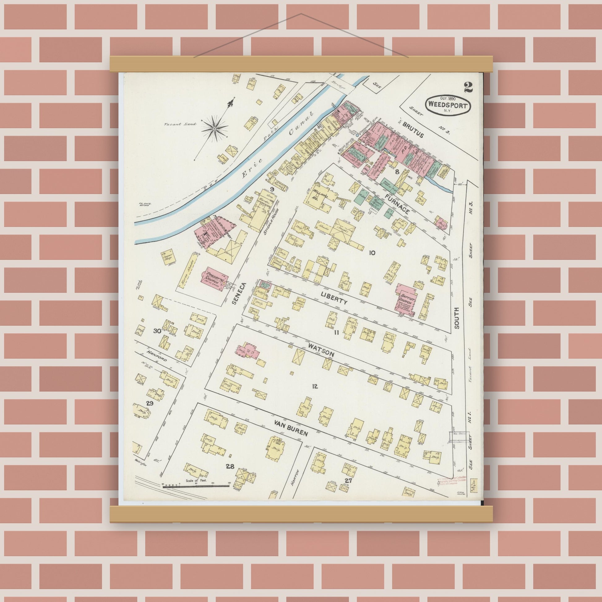 Old map wall art mockup — magnetic wood frame on brick wall — Sanborn Fire Insurance Map from Weedsport, Cayuga County, New York (1890), Sheet #0002