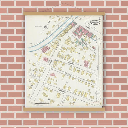 Old map wall art mockup — magnetic wood frame on brick wall — Sanborn Fire Insurance Map from Weedsport, Cayuga County, New York (1890), Sheet #0002