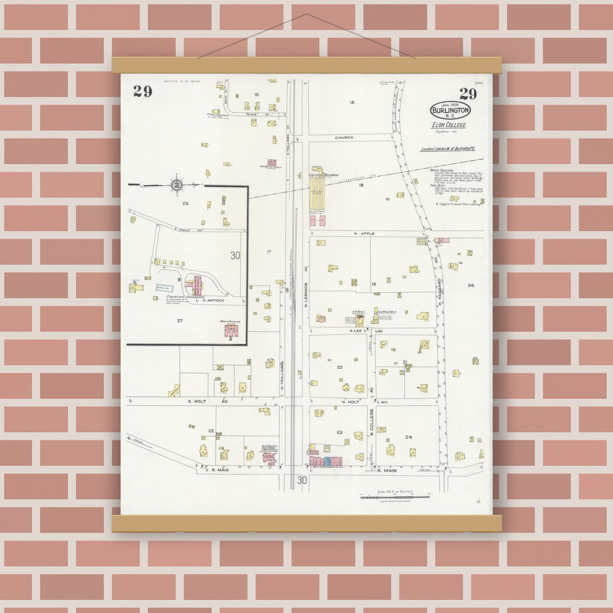 Old map wall art mockup — magnetic wood frame on brick wall — Sanborn Fire Insurance Map from Burlington, Alamance County, North Carolina (1929), Sheet #0029