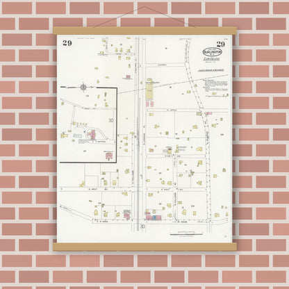 Old map wall art mockup — magnetic wood frame on brick wall — Sanborn Fire Insurance Map from Burlington, Alamance County, North Carolina (1929), Sheet #0029